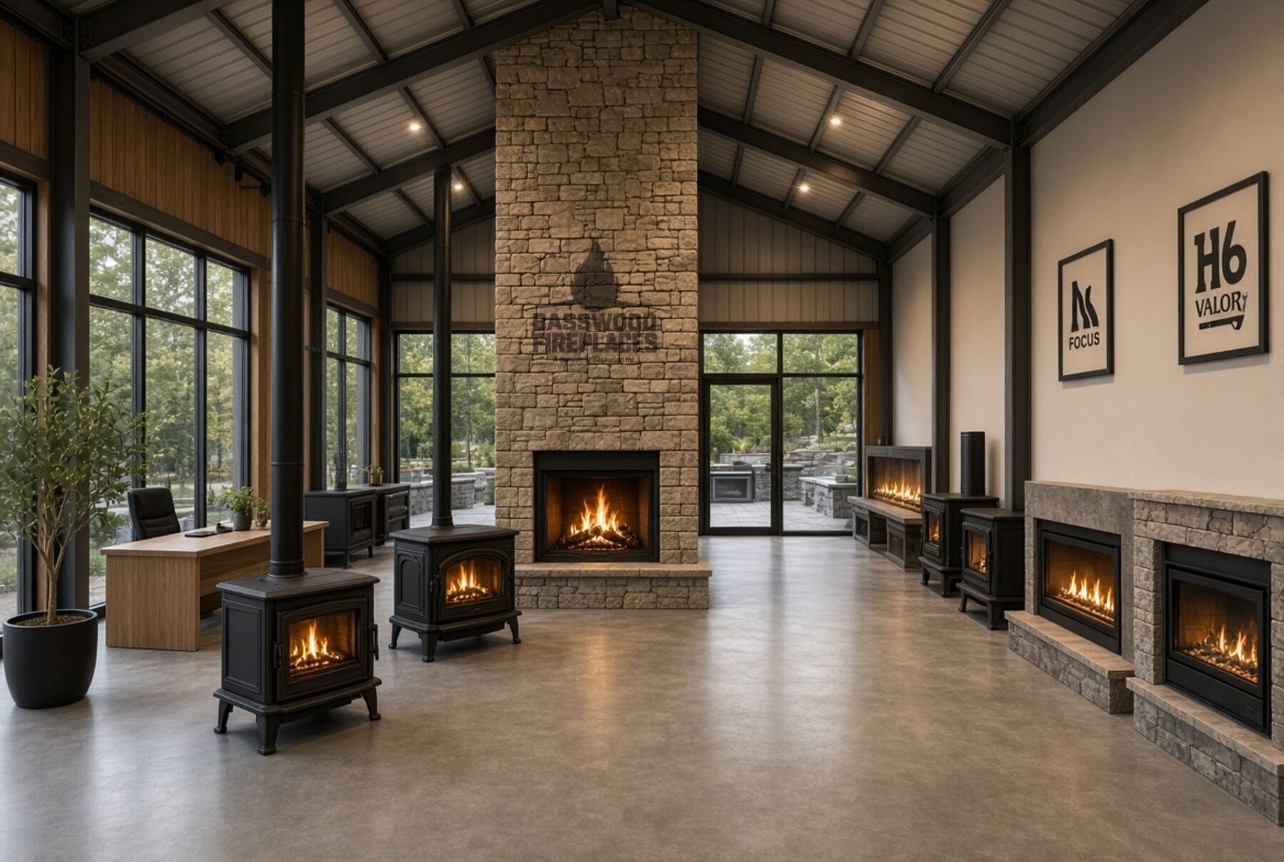 Timber and stone room with wood and gas fireplaces